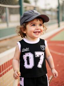 Toddler Girls 2pcs Casual Set, Letter Print Tank Top And Shorts - Black - View 2