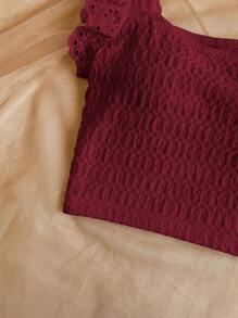 Soleia 波西米亚风、浪漫花卉、度假风、花卉图案七月四日主题上衣、度假上衣、串珠上衣、荷叶边上衣、派对上衣、背心、性感七月四日露脐上衣、饰有褶皱花卉图案的优雅荷叶边露脐上衣——度假的完美之选。 - 酒紅色 - 查看 3