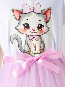 Tween Girls Cute Cat Print Contrast Mesh Dress With Belt - Pink - View 3