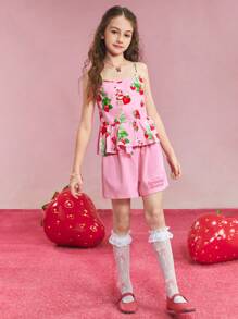 Strawberry Shortcake X SHEIN Tween Girl Sweet Pink Strawberry Print Camisole Ruffle Top & Shorts Summer 2 Pieces Set - Pink - View 7