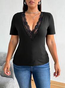 Flirla Plus Size Women Deep V-Neck Lace Patchwork Sexy Short Sleeve Black T-Shirt