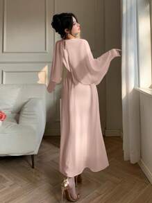 DAZY 女士雪纺中长款派对连衣裙，春秋季优雅长袖连衣裙 - 卡其色 - 查看 5