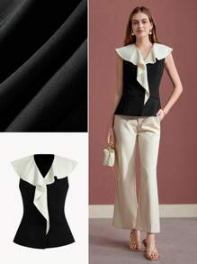 MOTF PREMIUM CONTRAST STATEMENT COLLAR SLEEVELESS BLOUSE - Black and White - View 7