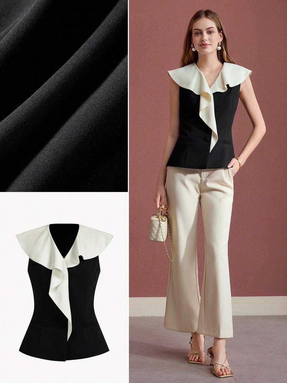 CONTRAST STATEMENT COLLAR SLEEVELESS BLOUSE