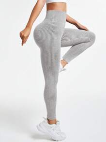 Easithlete 女士纯色高腰无缝运动瑜伽紧身裤 - 淺灰色 - 查看 4