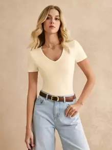 Poéselle 女士 V 领短袖休闲百搭 T 恤 - 杏色 - 查看 4