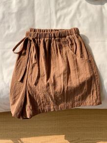 SHEIN Comfortcana 纯色前结佛罗里达短裤，简约时尚的设计，适合夏季 - 棕色 - 查看 5