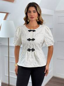 Flirla 大码短袖纯色圆领休闲衬衫，适合夏季