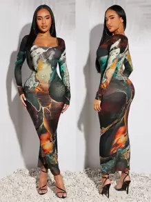 SHEIN SXY Đầm bó sát tay dài in họa tiết đá cẩm thạch giản dị, cổ tròn, thoải mái cho mùa xuân/hè, thích hợp mặc hàng ngày, tụ tập, tiệc tùng, hẹn hò - Nhiều màu - Xem 3