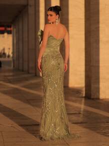 Glamrae Elegante y lujoso vestido de cola de sirena con pliegues de satén, parches, cuentas y lentejuelas, con cola. Adecuado para bodas, fiestas, eventos, cruceros y ocasiones formales (peso pesado)