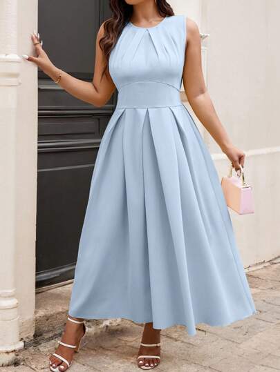 Vestido casual de talla grande de unicolor con cuello redondo, plisado y largo para verano para mujeres