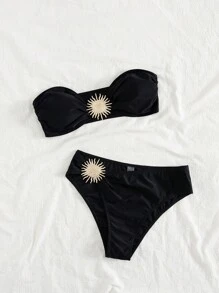 Swim SXY 女士海滩夏季服装，纯色性感防晒配饰抹胸比基尼套装 - 黑色 - 查看 5