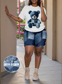 Slaydiva Set de 2 piezas para mujer de talla grande con camiseta de manga corta con estampado de oso de dibujos animados y pantalones cortos estampados, conjunto casual de verano