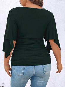 SHEIN Unity Áo phông tay lửng màu trơn thanh lịch cỡ lớn mùa xuân/hè có chi tiết nhún bèo - Màu xanh lá cây đậm - Xem 2