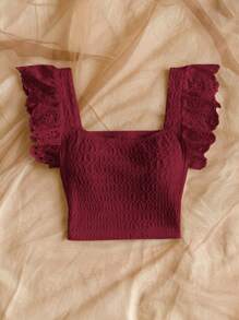 Soleia 波西米亚风、浪漫花卉、度假风、花卉图案七月四日主题上衣、度假上衣、串珠上衣、荷叶边上衣、派对上衣、背心、性感七月四日露脐上衣、饰有褶皱花卉图案的优雅荷叶边露脐上衣——度假的完美之选。 - 酒紅色 - 查看 5