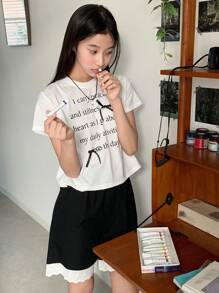 DAZY 2pcs/Set Tween Girl Slogan Printed Short Sleeve T-Shirt And Shorts Set,Girls Summer Outfits,Back To School Clothes - White - View 2