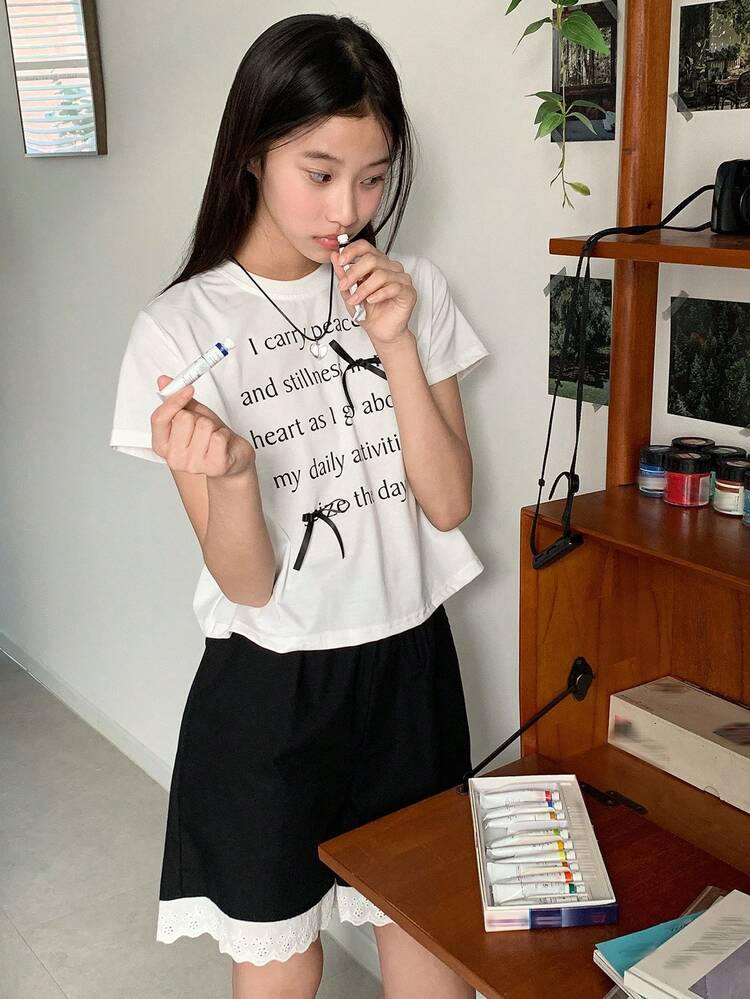 2pcs/Set Tween Girl Slogan Printed Short Sleeve T-Shirt And Shorts Set,Girls Summer Outfits,Back To School Clothes