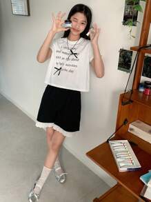 DAZY 2pcs/Set Tween Girl Slogan Printed Short Sleeve T-Shirt And Shorts Set,Girls Summer Outfits,Back To School Clothes - White - View 4