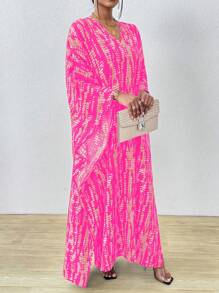 SHEIN Clasi 女士条纹蝙蝠袖 V 领开衩长衬衫罩衫连衣裙长款女装 - 玫紅色 - 查看 3