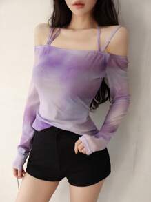 Modelyn Women's Long Sleeve Halter Neck Tie Shoulder Print Top - Purple - View 3