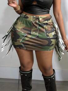 Slaydiva 大码 2024 新款西部街头性感高腰磨边迷彩修身迷你裙 女式休闲春夏