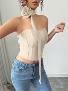 Selianne Atasan Crop Top Tanpa Lengan Motif Bunga Mawar, Warna Merah, Cocok untuk Kencan Hari Valentine, dan Sehari-hari. - Aprikot - View 6