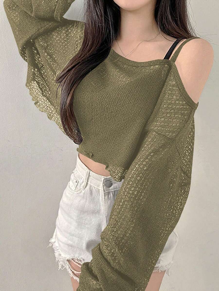 DAZY 女士纯色不对称肩部剪裁短款 T 恤长袖女式上衣，秋季女装短款女式上衣 - 橄欖綠 - 查看 1