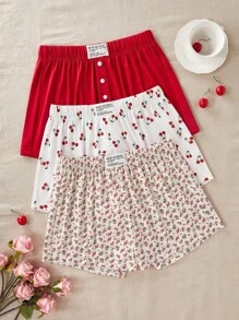 CottageSlumber 3件套印花休闲女士睡衣短裤套装 - 彩色 - 查看 1