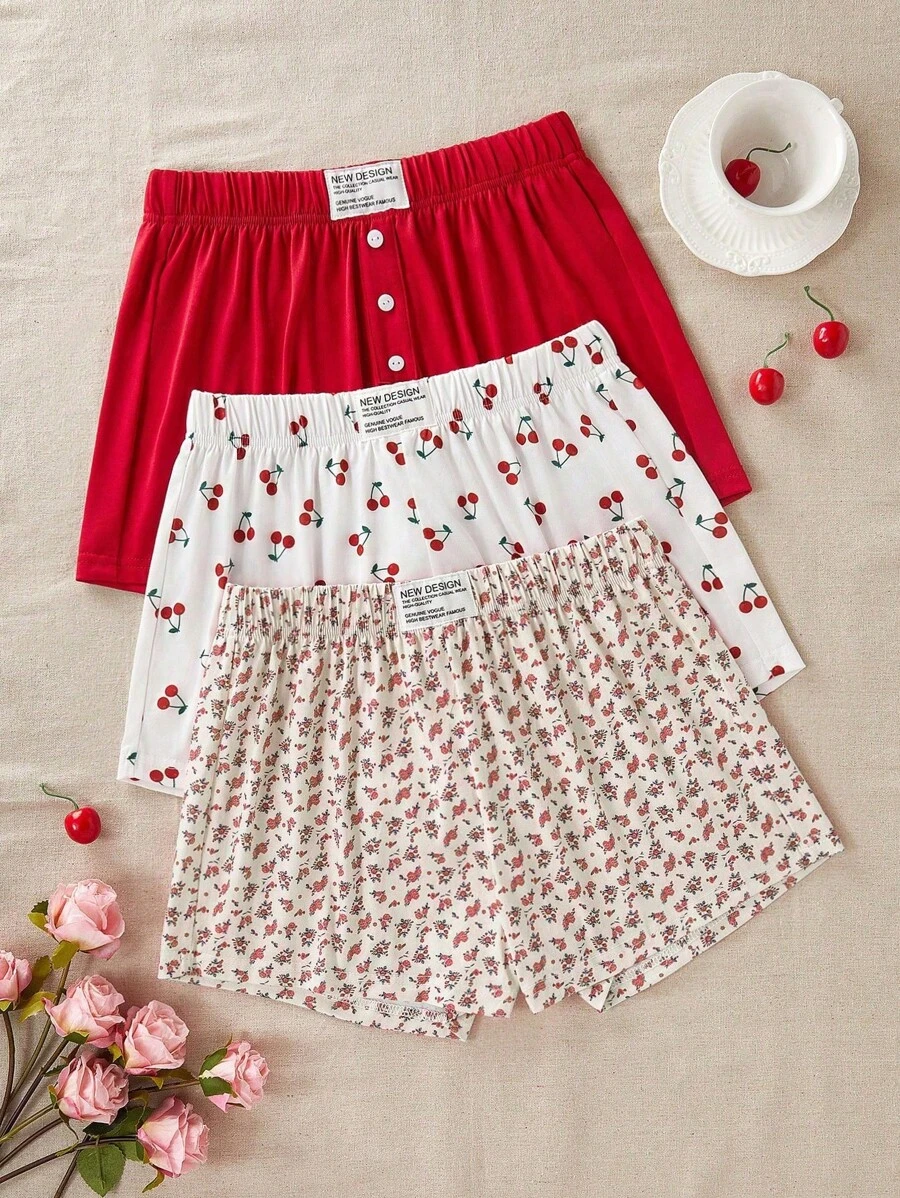 CottageSlumber 3件套印花休闲女士睡衣短裤套装 - 彩色 - 查看 1