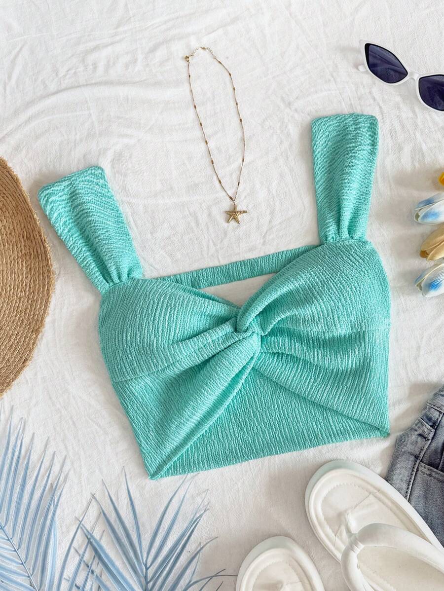 Soleia Summer For Women,Summer Tops,Vacation Woman,Easter,Crop Tops,Crop Tops Women,Cute Tops,Western Wear Women,Rave Festival,Concert Women,Vacation Women's Knit Top With Metallic Thread, Twist Knot On Front, Plunging Neckline, Cropped Style - Blue - View 1