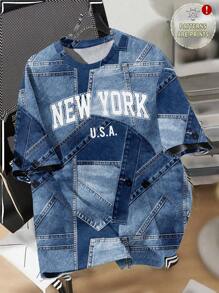 SHEIN EZwear Plus Size New York Letter Print Casual Minimalist Round Neck Short Sleeve T-Shirt, Suitable For Summer Suitable For Going Out - Multicolor - View 1