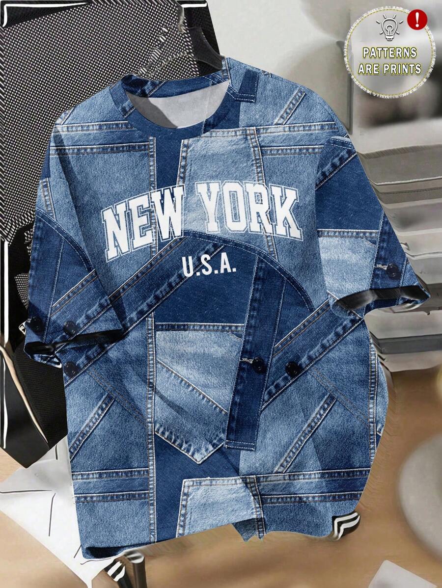 SHEIN EZwear Plus Size New York Letter Print Casual Minimalist Round Neck Short Sleeve T-Shirt, Suitable For Summer Suitable For Going Out - Multicolor - View 1