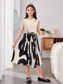 Tween Girls Sweet & Edgy Ditsy Floral Patchwork Crew Neck Sleeveless Casual Knit Dress - Apricot - View 6