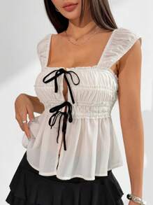 SHEIN EZwear 女士夏季时尚系带短款上衣 - 杏色 - 查看 5