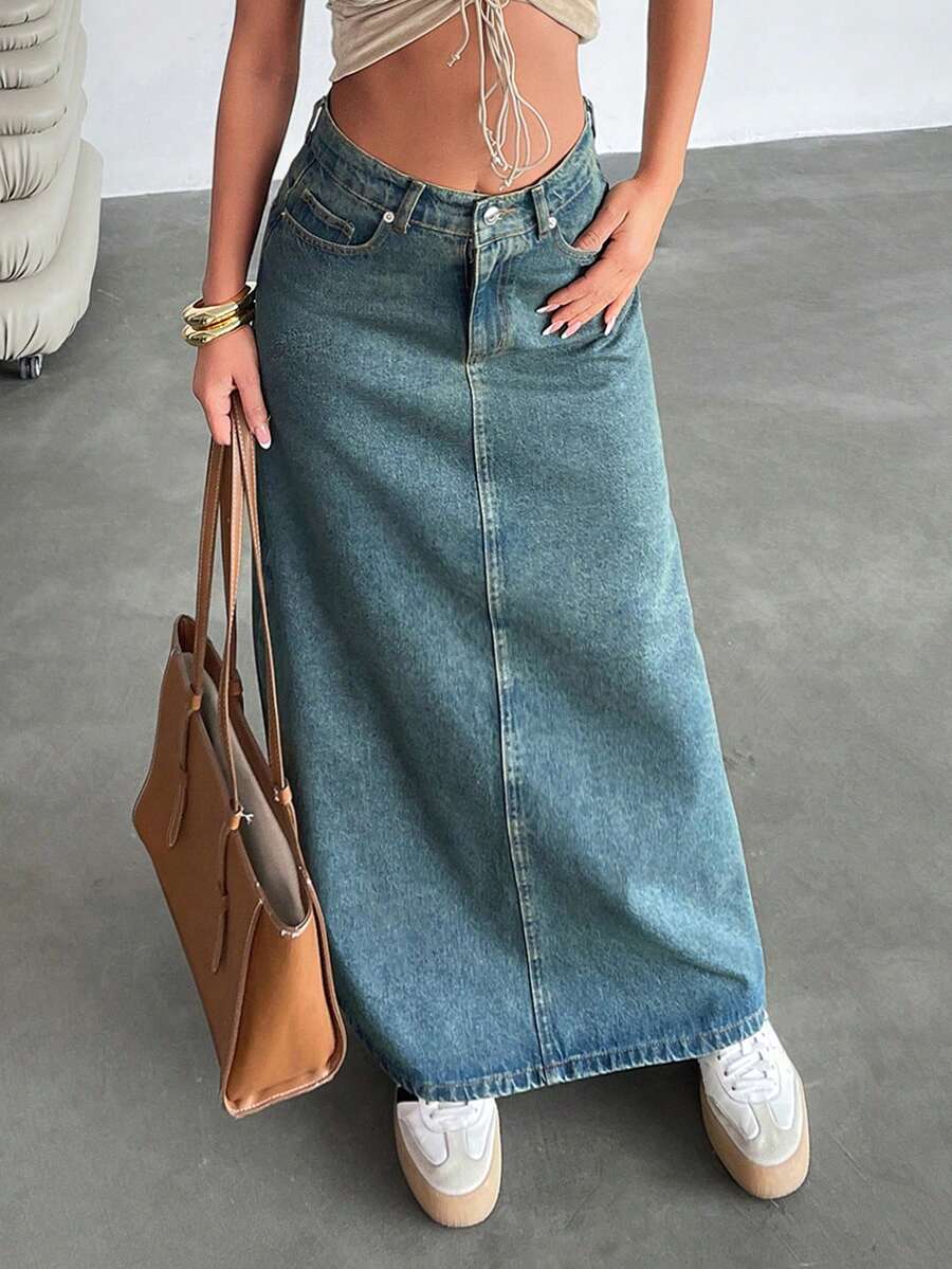 EURMUSE Women's Long Casual Versatile Denim Skirt With Pockets - Light Wash - View 1