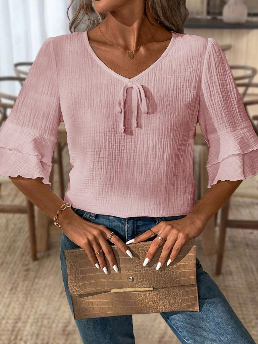 SHEIN LUNE Ruffles V-Neck Casual Linen Blouse For Women - Coral Pink - View 1