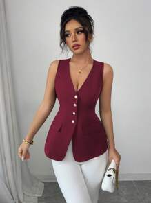 Elenzga Áo sơ mi nữ không tay thời trang xuân hè thanh lịch tinh tế, áo sơ mi không tay cổ chữ V cài nút ngọc trai màu trơn có ve áo, dáng ôm - Màu Đỏ Sâu - Xem 6
