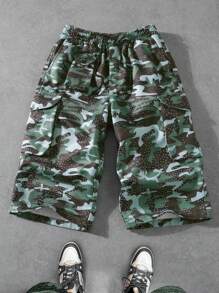 PAVTROS Manfinity Streetrush Men's Drawstring Waist Side Pocket Camo Print Loose Cargo Capri Pants