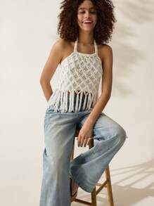 Easelle Women Beach Vacation Solid Color Hollow Out Fringe Hem Halter Neck Knitted Top - White - View 4