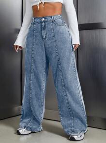 SHEIN ICON Plus Size Dames Losse Pasvorm Zak Wijde Pijp Casual Veelzijdige Jeans