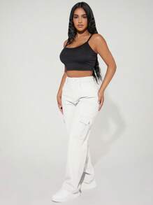 SHEIN PETITE Casual Simple Solid Color Cargo Denim Jeans