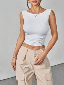 SHEIN PETITE Women's Solid Color Round Neck Pleated Cropped Fitted Tank Top - White - View 4