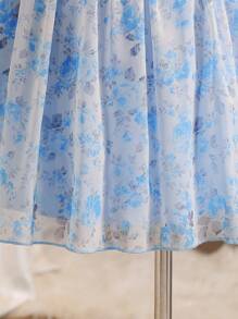 SHEIN Tween Girls' Elegant Rose Floral Print Sleeveless High Waist Ruffled Chiffon Mini Dress, Blue, Suitable For Flower Girl Wedding - Blue - View 3