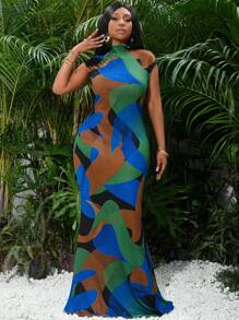 SHEIN Lady Váy hè gợi cảm màu xanh cỡ lớn cho nữ, Váy tốt nghiệp tay dài, Trang phục dự tiệc mùa hè cho nữ cao, Váy dài dự tiệc cưới - Nhiều màu - Xem 4