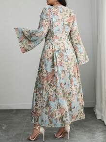 Modelyn Plus Size Woven Floral Print Long Sleeve Tie-Waist Ruffle Trim A-Line Dress Fall Cloth For Women