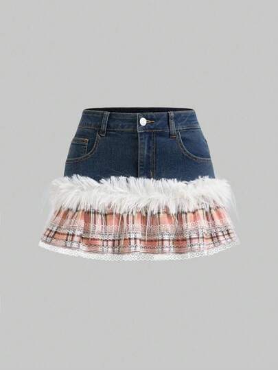 Kawaii Gonna di jeans mini ultra-corta in stile Y2K con patchwork a quadri e pizzo, adatta per le donne
