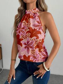 Glamance Ayrana Barboza Women Pink Blouse Sleeveless Halter Boho All Over Print, Floral, Plants Summer For Women Summer Top Going Out - Pink - View 3