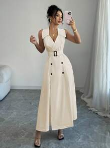 Elenzga Vestido informal y elegante de mujer tipo casual para vacaciones o trabajo, de unicolor, con solapa con muesca, doble botonadura, línea A, sin mangas y con cinturón