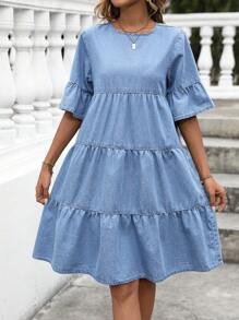 Breezaya 女士圆领喇叭袖宽松牛仔娃娃裙