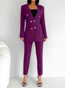 SHEIN Cottnline Double Breasted Blazer & Belted Trousers - Purple - View 3